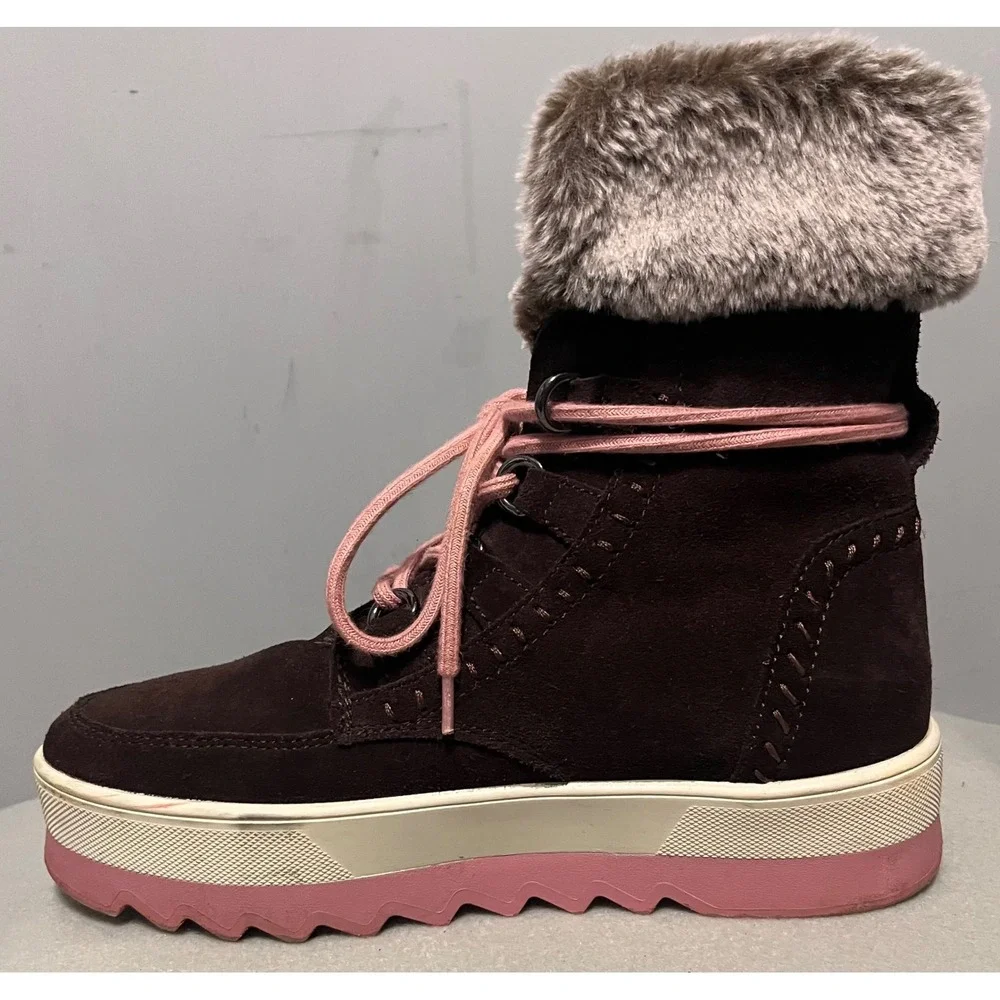 Cougar Women Vanetta Brown Suede Faux Fur Trim Winter Boots Pink Sawtooth Sole 8